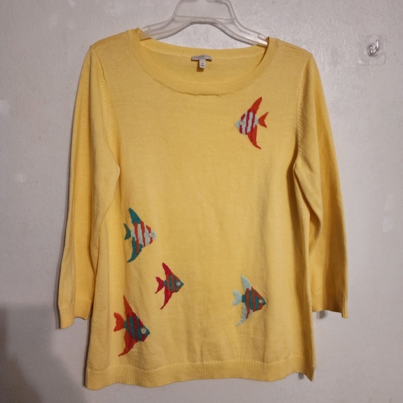 Talbots Women's Yellow Embroidered Angel Fish Sweater Cotton Size M - Picture 1 of 9